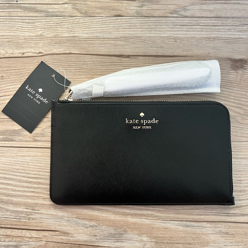 NWT Kate Spade Lucy Black Leather Medium L-Zip Wristlet KE546 Wallet $139 MSRP!